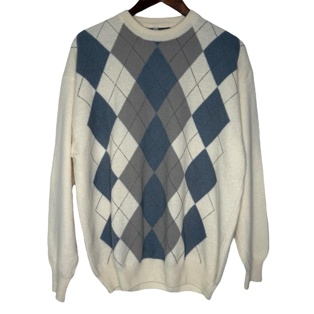 Vintage Merino Wool Angora Golf Sweater L‎ Argyle V-Neck Blue Preppy Argentina